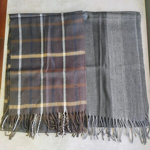 Pierre Cardin Mens Fine Muffler Cashmillion Plaid Striped Scarf Set Fringe